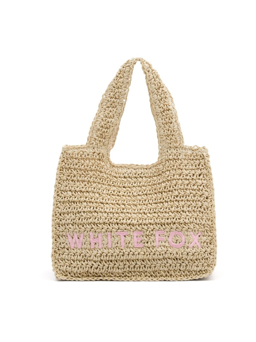 White Fox Boutique Beige Crochet Tote with Pink Logo